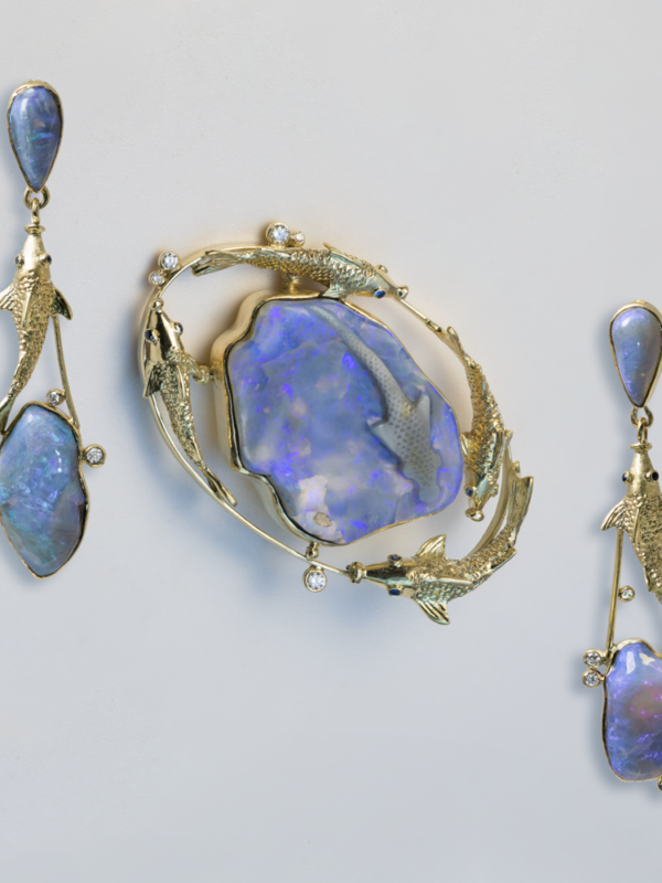 Эксклюзивные украшения, авторские украшения Exclusive gold set, brooch-pendant, earrings “Fish” ,художник-ювелир Exclusive jewelry, designer jewelry, artist-jeweler
